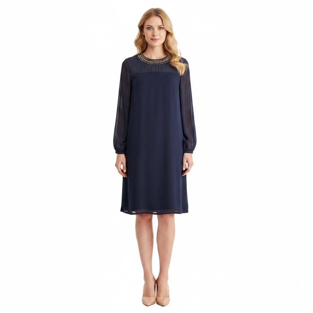Frank Lyman Design Navy Beaded Chiffon Dress NWT Size 10 Made in Canada